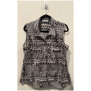 NOTATIONS Sleeveless Button Up Black White Geometric Tribal Blouse